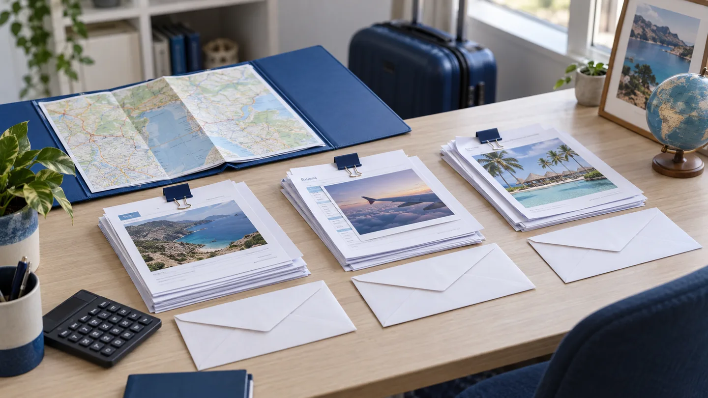 Cena ilustrativa de uma pasta azul de viagem, mapa dobrado e grupos de documentos com envelopes separados sobre uma mesa de agência.