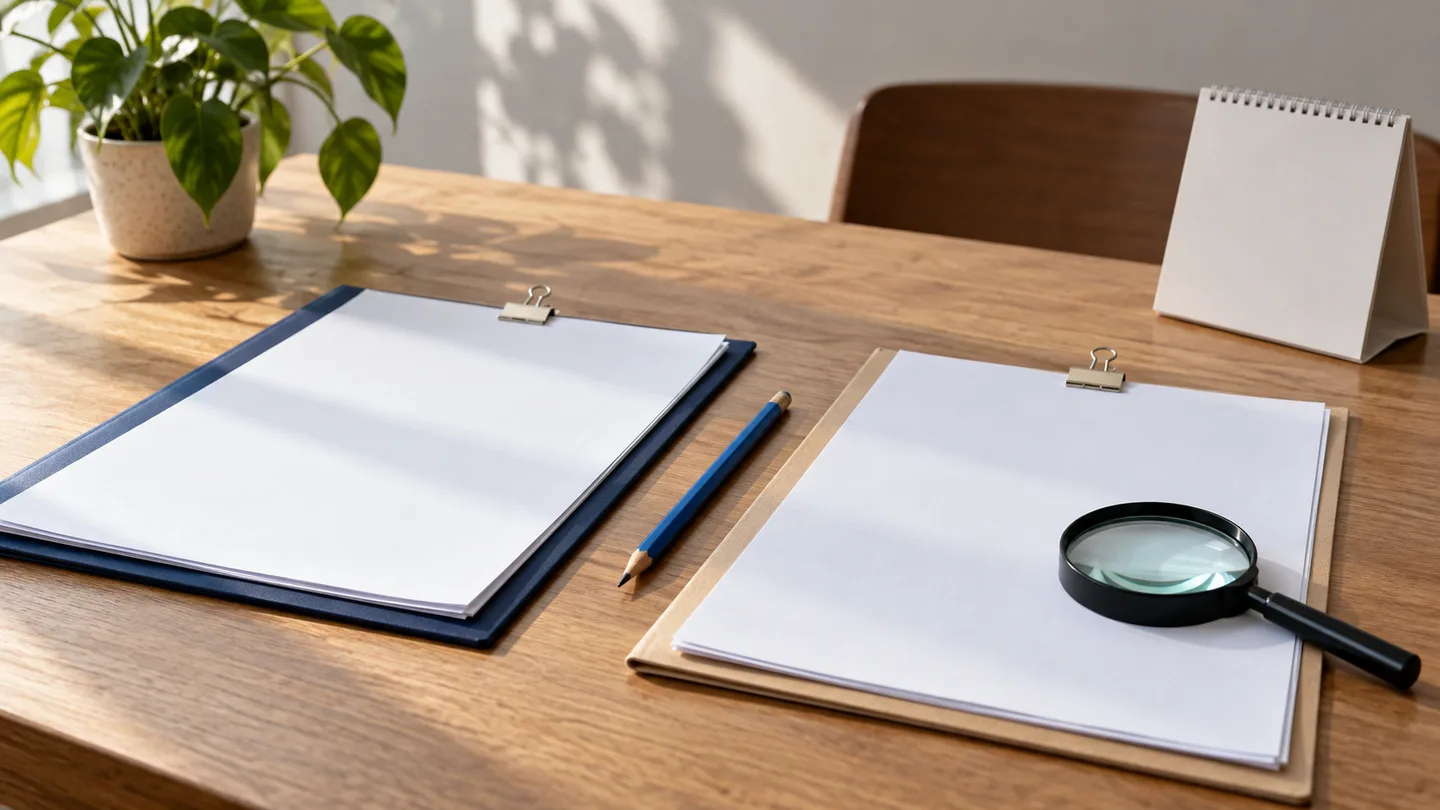 Duas pastas com folhas em branco, uma lupa, lápis azul e calendário sem marcações sobre uma mesa.