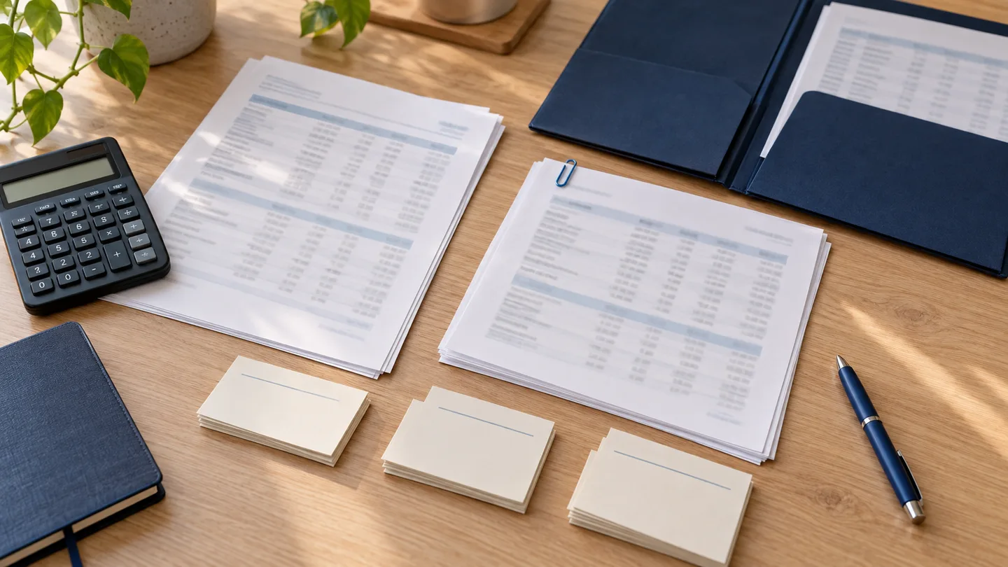Cena ilustrativa de demonstrativos sem dados legíveis, calculadora, pasta azul e fichas separadas sobre uma mesa de trabalho contábil.