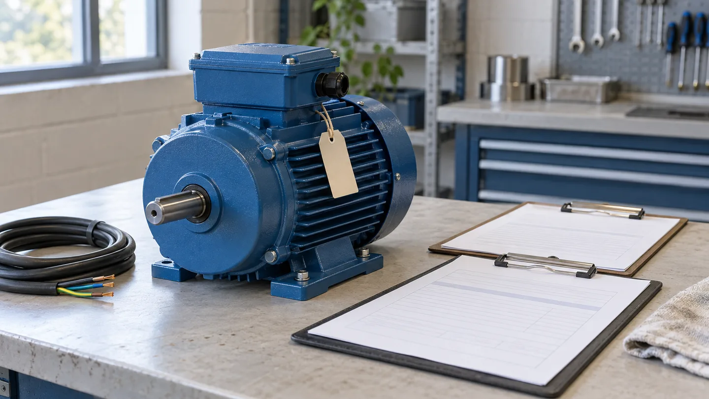 Equipamento industrial azul em uma bancada, com etiqueta patrimonial sem texto e documentos de recebimento e instalação ao lado.