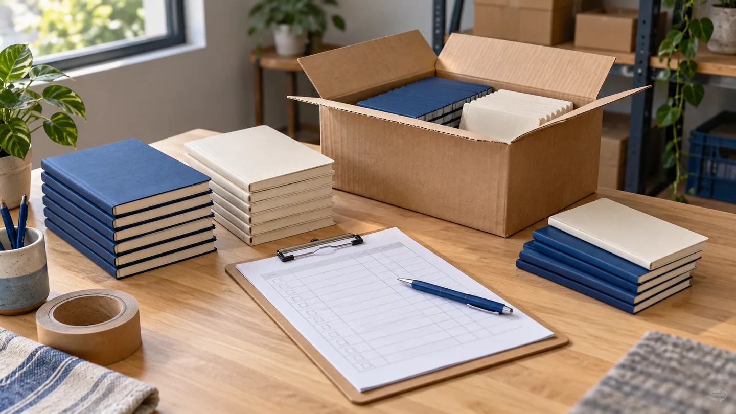 Cena ilustrativa de cadernos sem marca, caixas e ficha de conferência sobre uma mesa, com detalhes azuis e um lote separado para distribuição.
