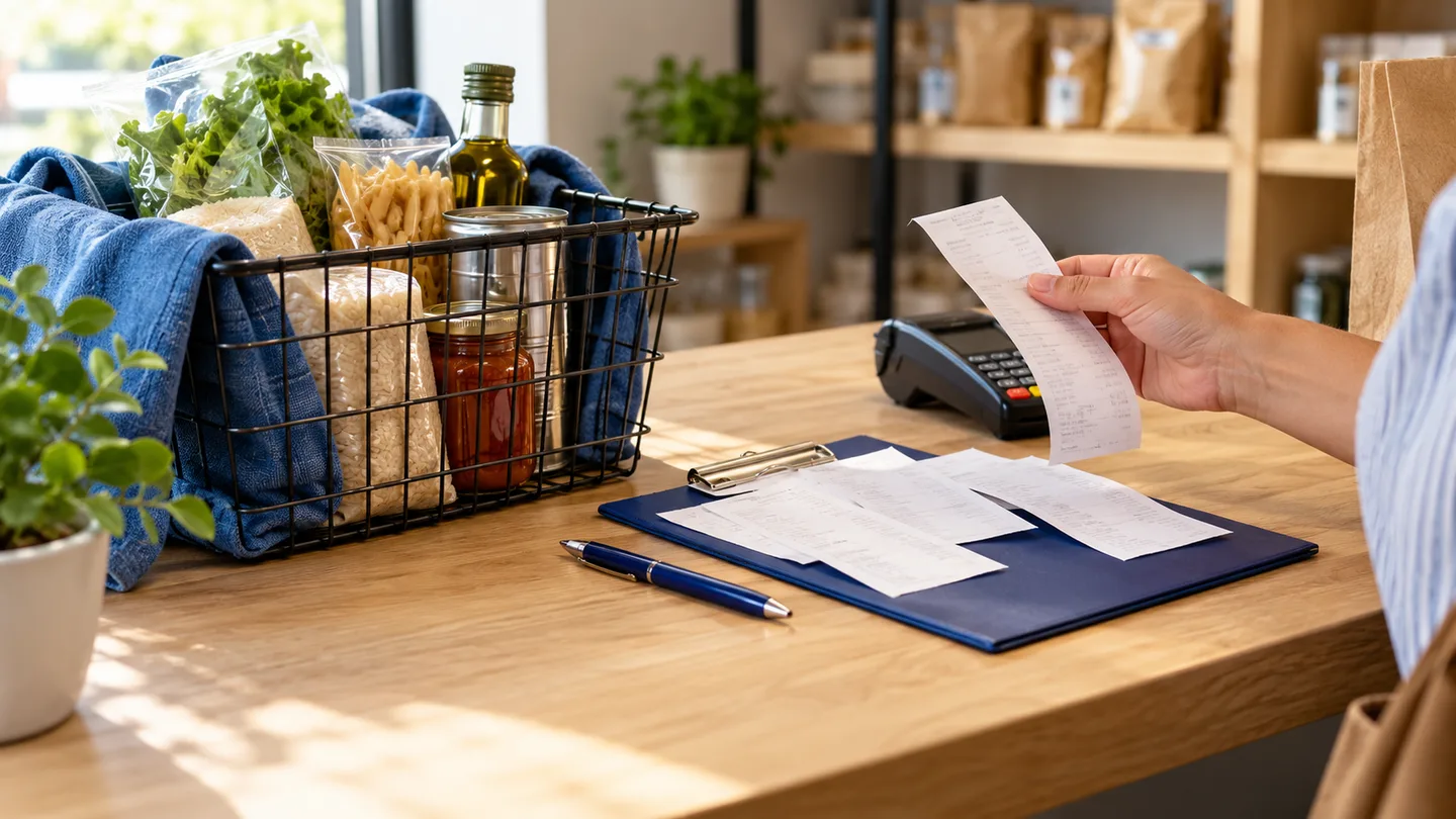 Cena ilustrativa de conferência de recibos em um balcão, com cesta de compras, prancheta azul e terminal de pagamento.
