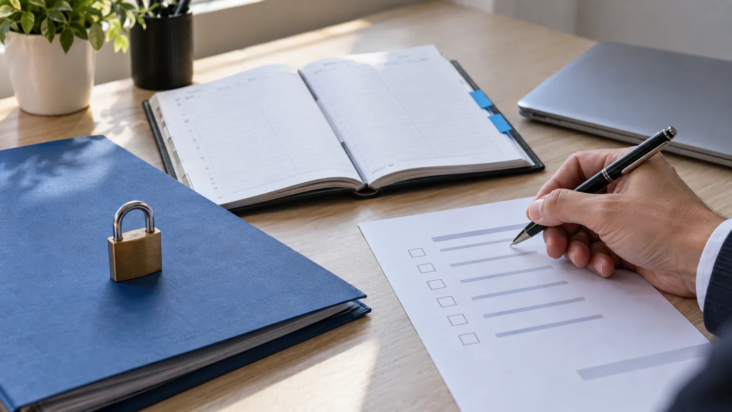 Cena ilustrativa de agenda, lista de conferência e pasta azul com cadeado sobre a mesa de um escritório.