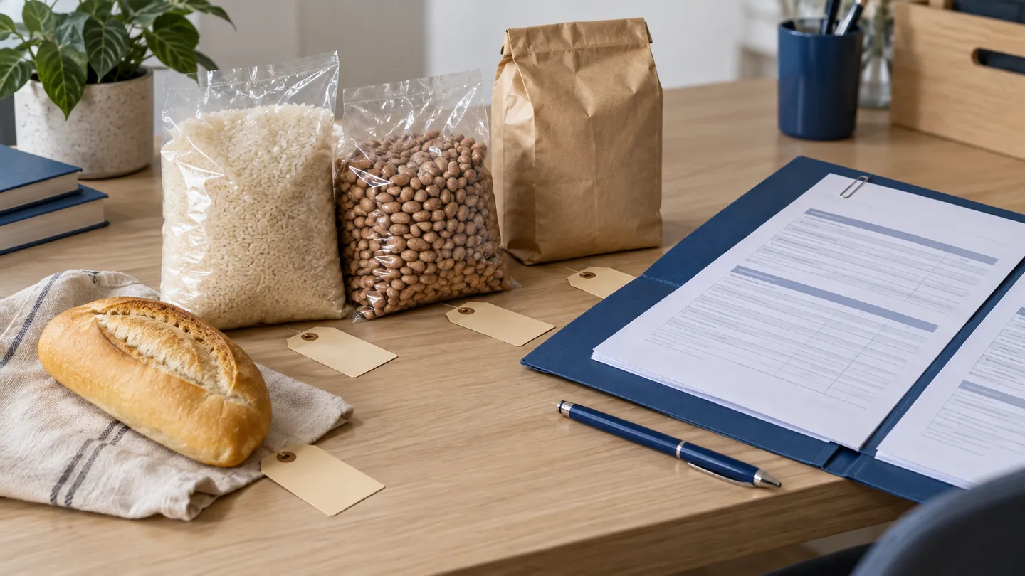 Cena ilustrativa de arroz, feijão, pão e embalagens sem marca ao lado de uma pasta azul com fichas de produtos sobre a mesa.