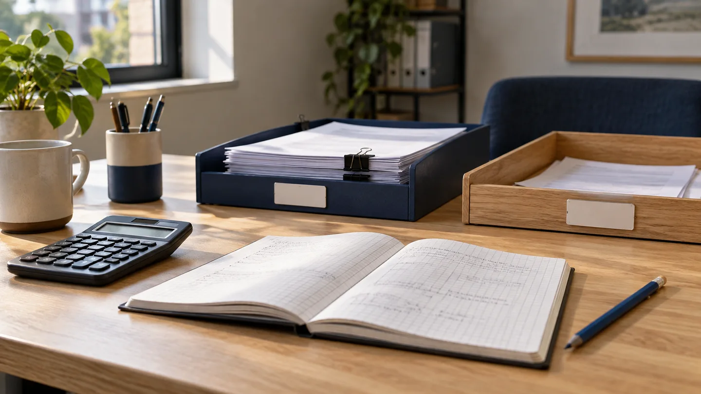 Calculadora, caderno e duas bandejas de documentos sobre uma mesa para comparar custos de uma rotina.
