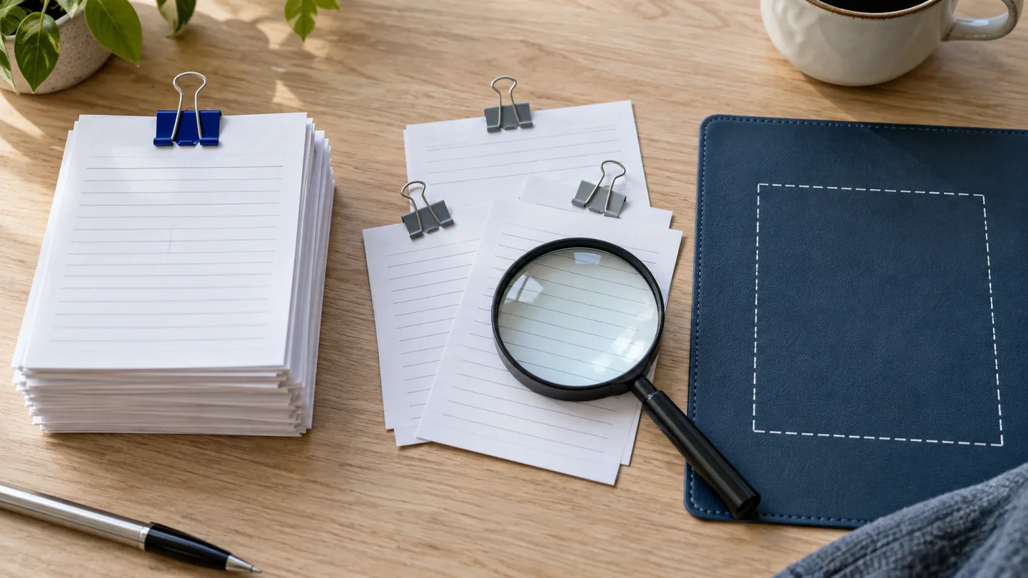 Cartões de documentos separados em grupos, com uma lupa sobre a mesa para conferir o conjunto.