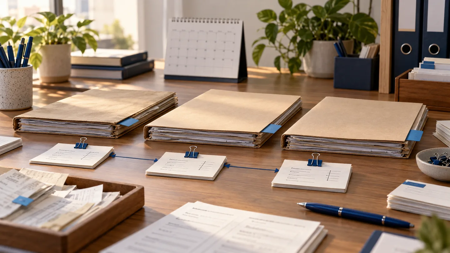 Cena ilustrativa de mesa de escritório com pastas mensais, fichas de controle, calendário e marcadores azuis organizando documentos por período.