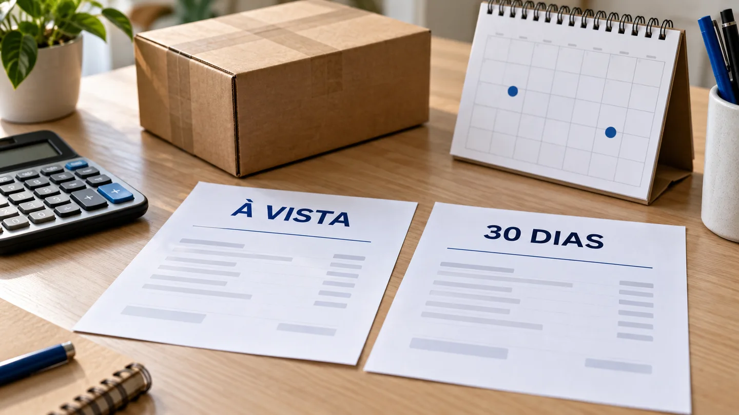 Cena ilustrativa de duas propostas com os títulos À vista e 30 dias, calculadora, caixa de mercadoria e calendário com marcadores azuis sobre uma mesa.