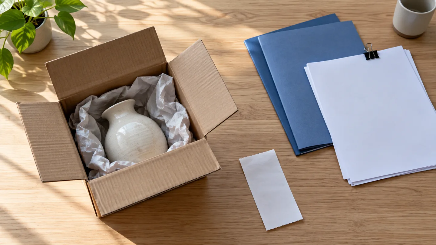 Caixa aberta com peça de cerâmica, pastas azuis, folhas e recibo em branco sobre uma mesa.