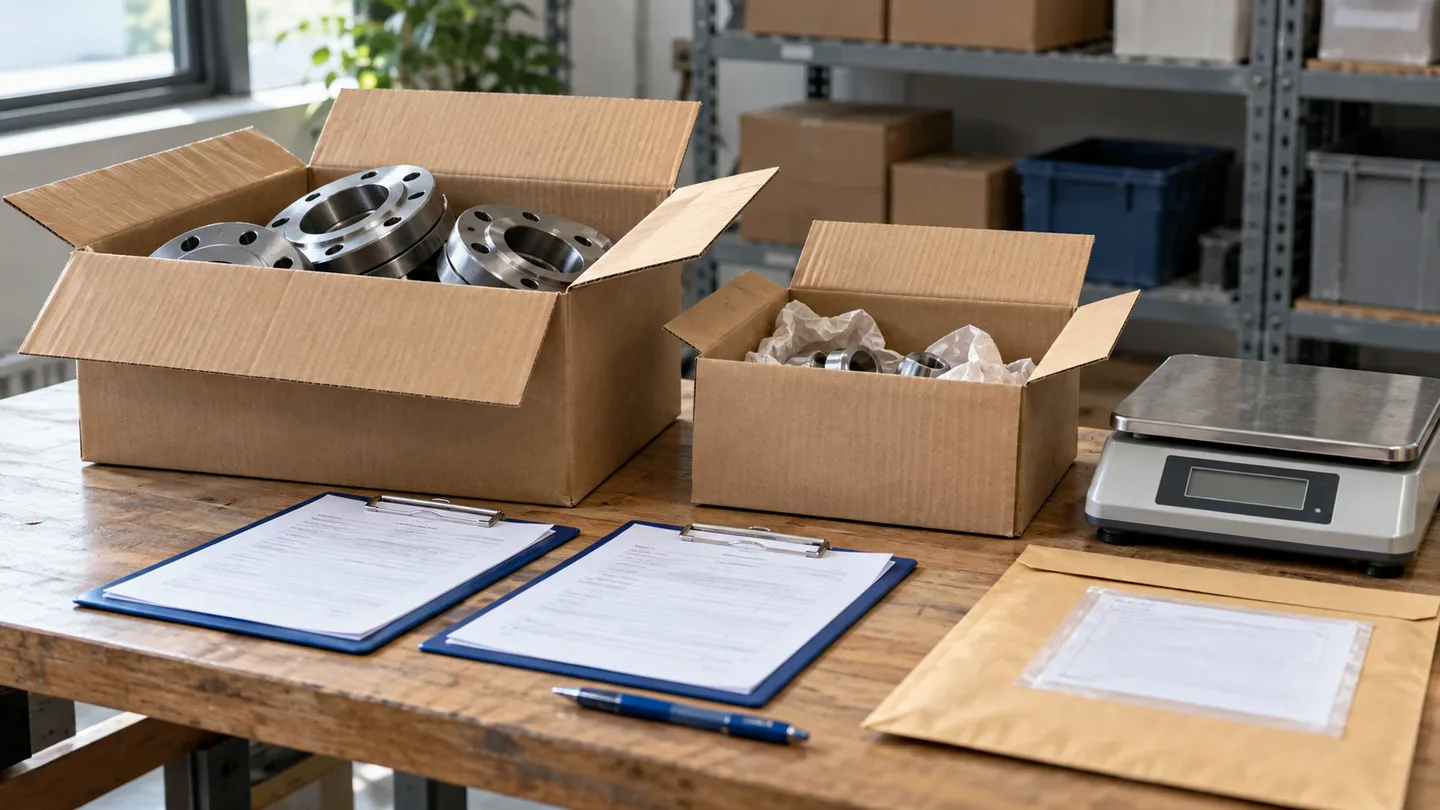 Duas caixas de peças industriais de tamanhos diferentes, balança e documentos separados por abas azuis em uma bancada de conferência.