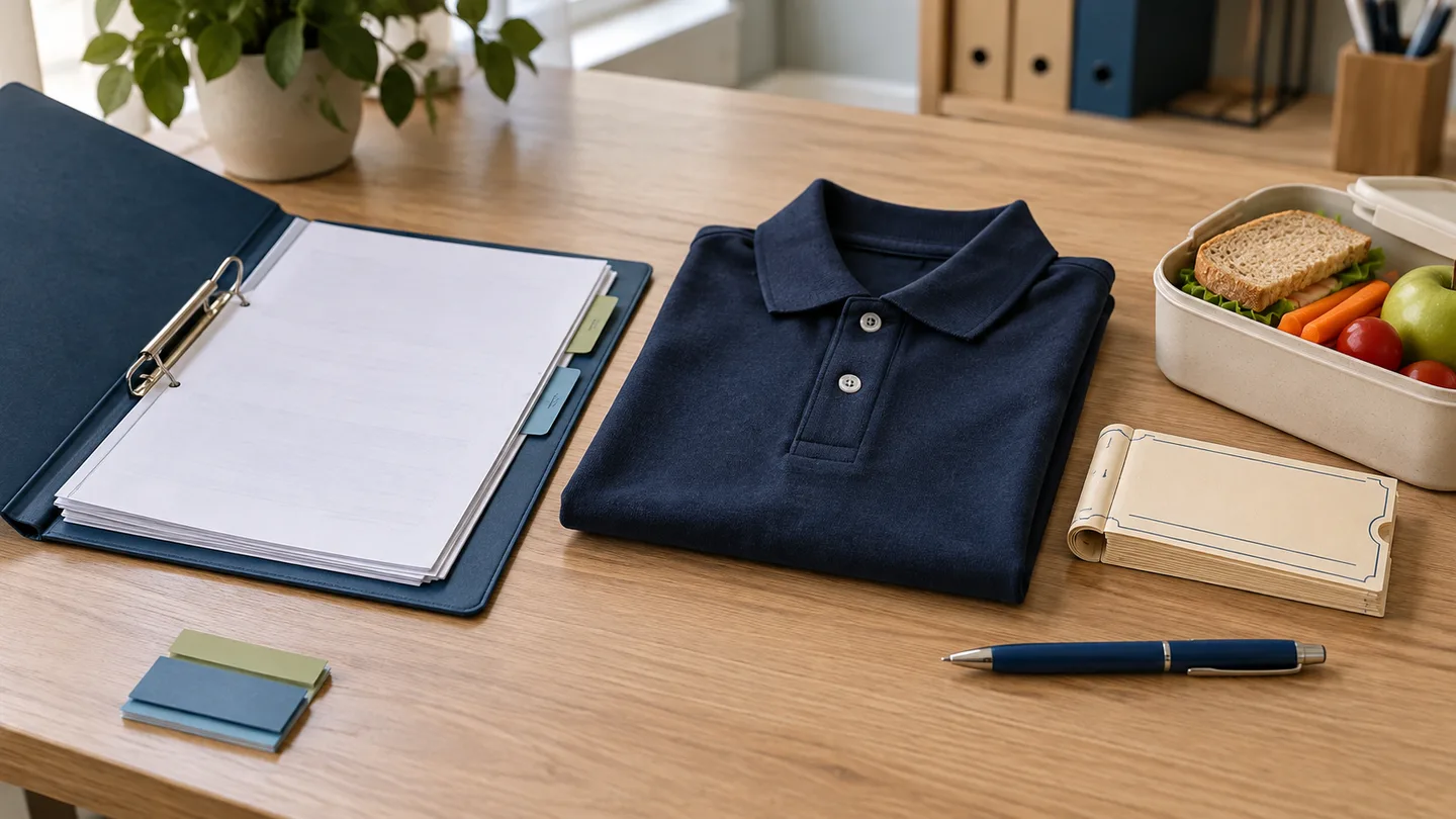 Cena ilustrativa de pasta azul com documentos escolares, uniforme dobrado e itens de alimentação separados sobre uma mesa de administração.