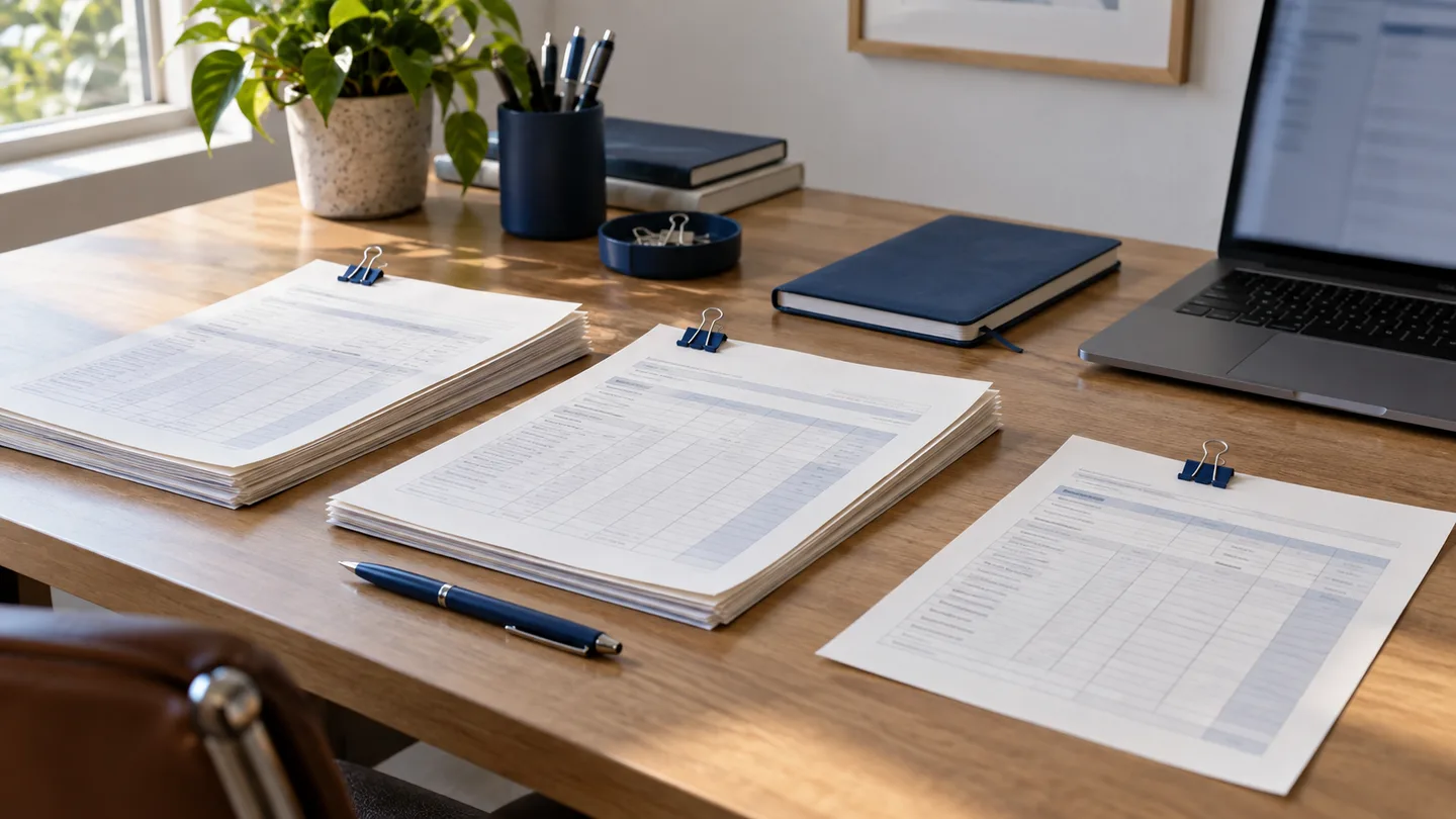 Conjuntos de folhas de conferência com clipes azuis, caneta e caderno sobre uma mesa próxima a um notebook.