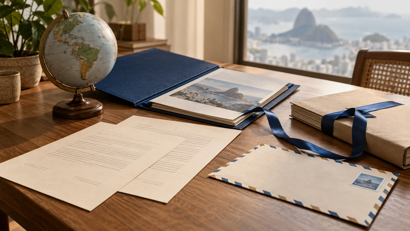 Globo, pasta de projeto, contratos e envelope sobre mesa de madeira, em composição editorial ilustrativa.