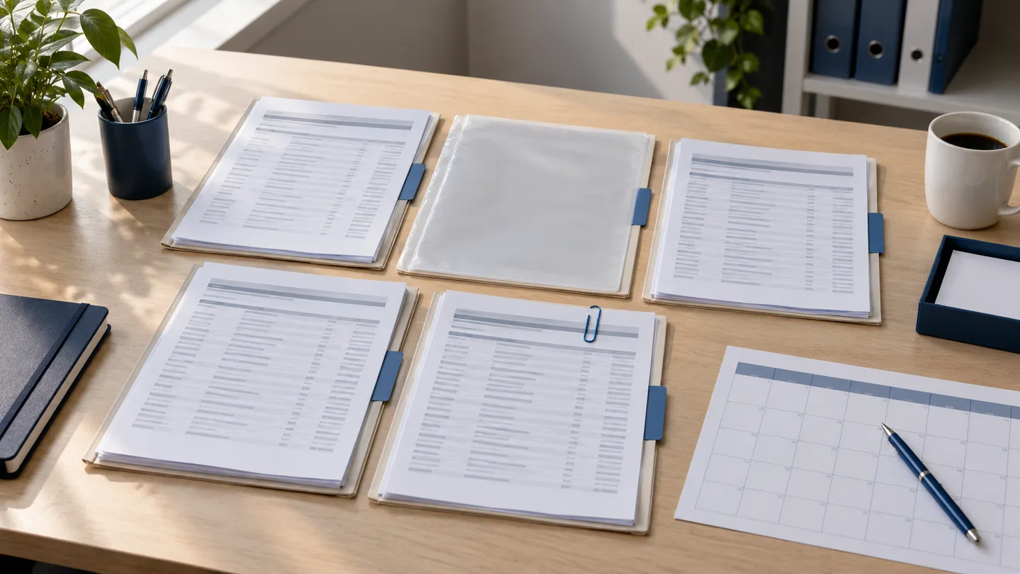 Cinco pastas com divisórias azuis, uma delas com envelope vazio, e um calendário de papel sobre uma mesa.