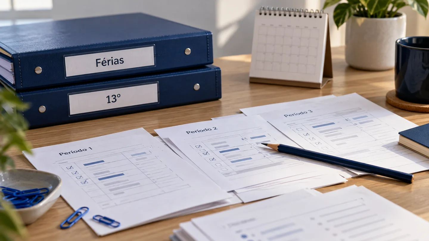 Cena ilustrativa de pastas de férias e décimo terceiro, fichas por período e calendário sobre uma mesa de conferência contábil.