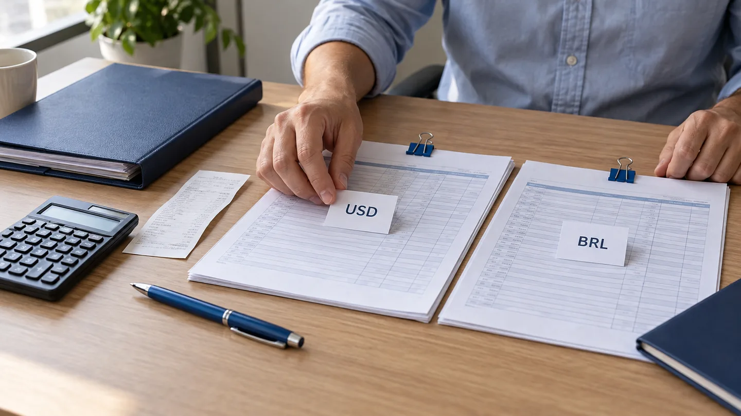 Cena ilustrativa de conferência contábil com documentos, fichas USD e BRL, calculadora e pasta azul sobre uma mesa.
