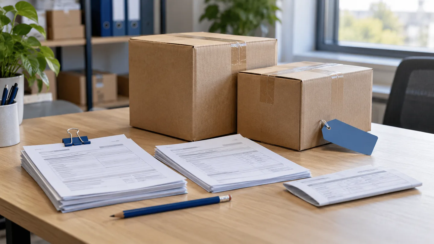 Caixas de papelão e dois conjuntos de documentos de entrega sobre uma mesa, com clipe e lápis azuis.