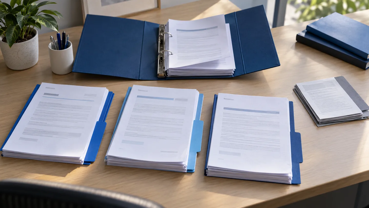 Três conjuntos de documentos com abas azuis alinhados diante de uma pasta central aberta em uma mesa de revisão.