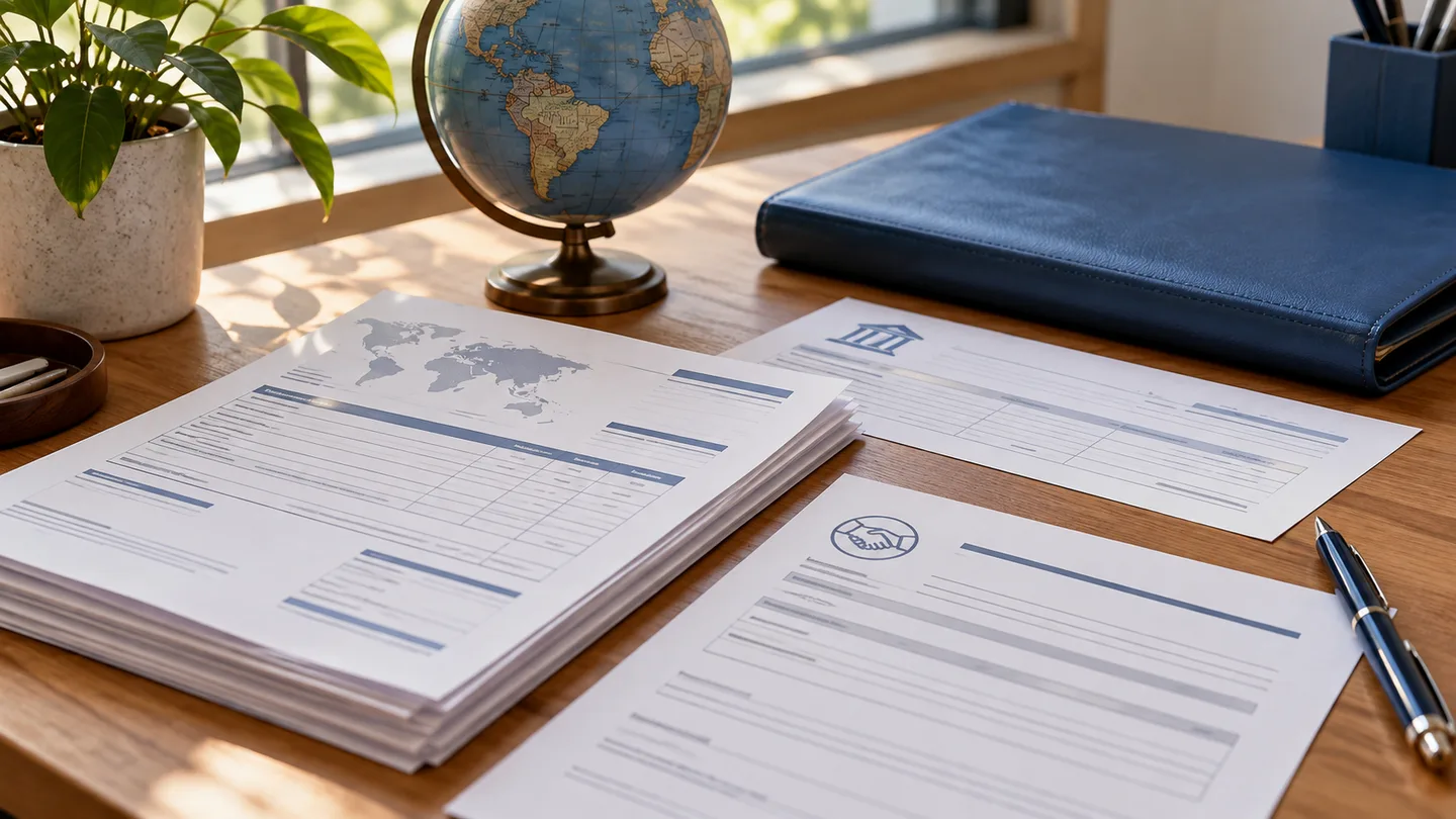 Documentos de contratação e pagamento internacional, globo e pasta azul sobre mesa, em composição editorial ilustrativa.