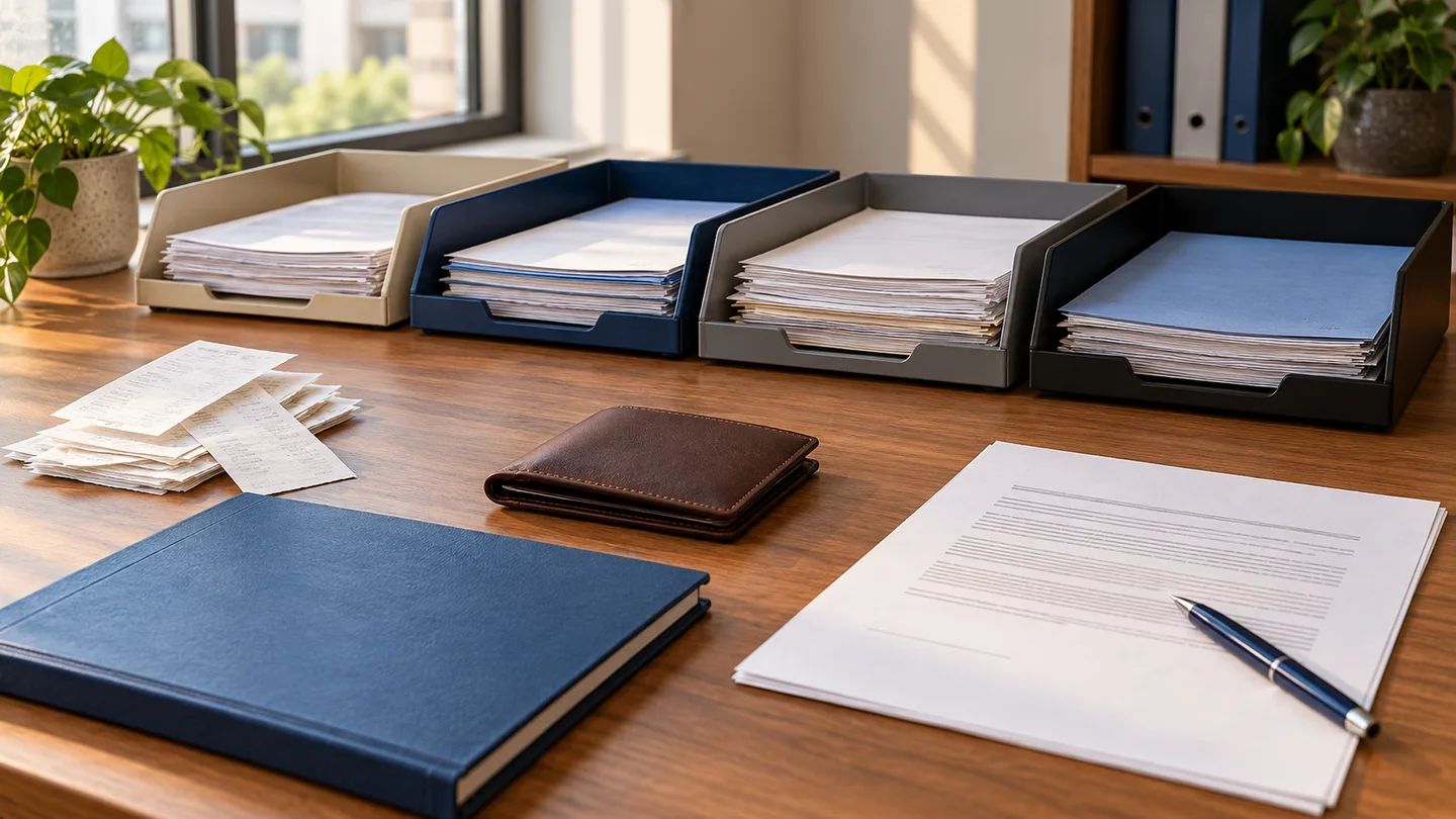 Bandejas separadas com documentos, carteira pessoal e livro azul sobre mesa de contabilidade, em cena ilustrativa.
