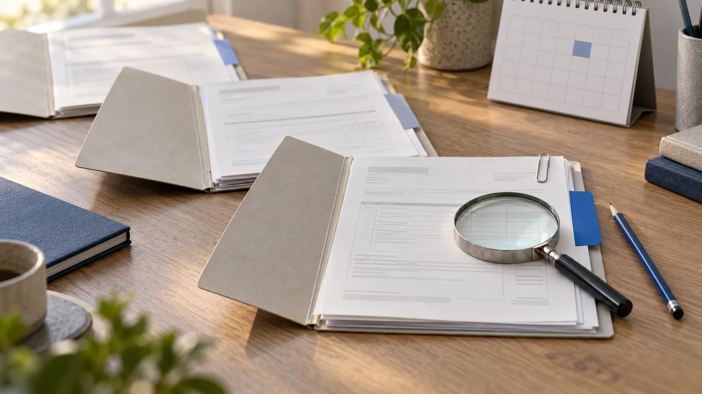 Pastas de documentos separadas sobre uma mesa, com lupa, lápis azul e calendário ao fundo.