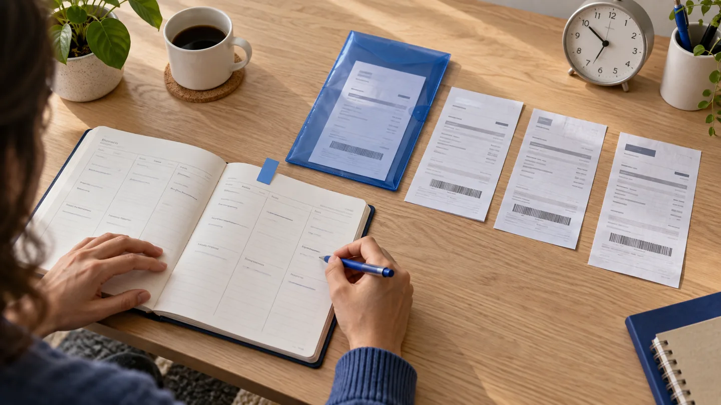 Pessoa confere uma agenda ao lado de quatro documentos, uma pasta azul e um relógio sobre a mesa.