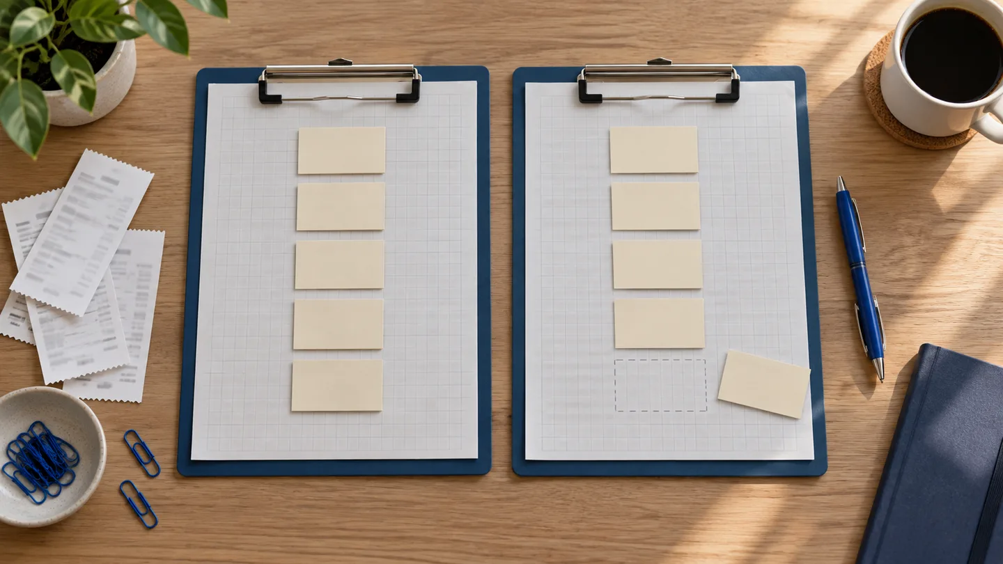 Duas pranchetas com folhas e cartões de papel lado a lado, com um cartão deslocado e clipes azuis sobre uma mesa de madeira clara.