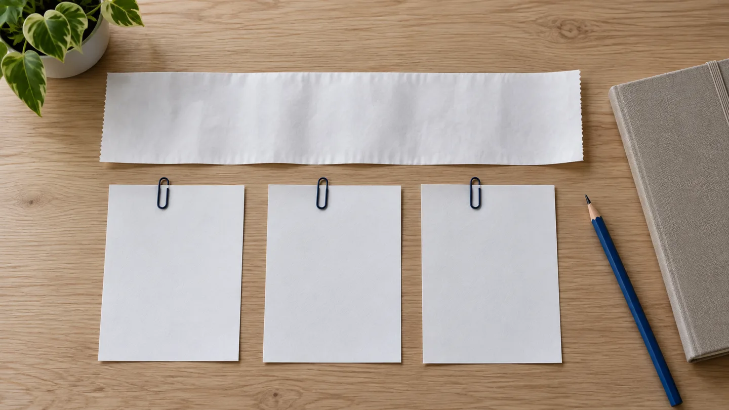 Um comprovante em branco acima de três folhas separadas por clipes azuis, com lápis e caderno na mesa.