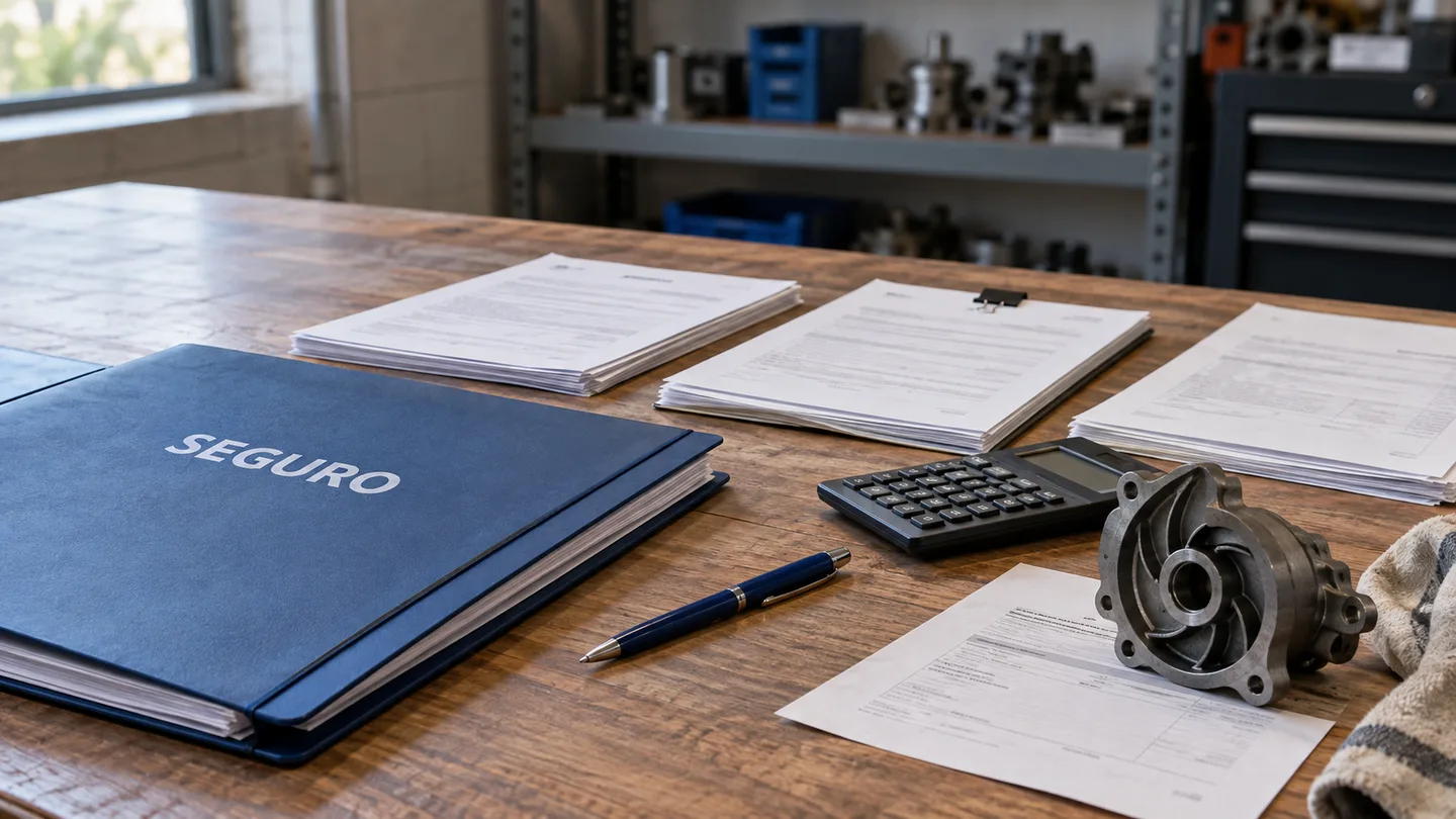Cena ilustrativa de pasta azul de seguro, documentos, calculadora e peça de equipamento sobre uma mesa de oficina.