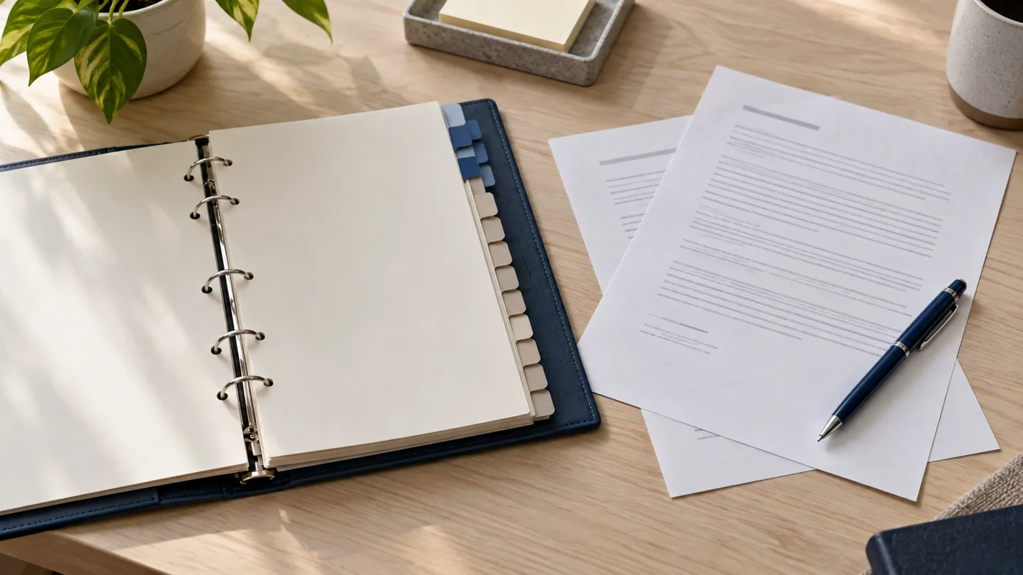 Pasta com divisórias mensais, folhas de contrato e três marcadores azuis sobre uma mesa de trabalho.