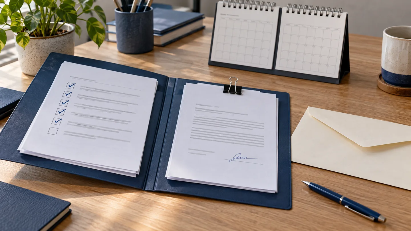 Cena ilustrativa de pasta azul com checklist de entrega, documentos de aceite, calendário de mesa e envelope separado para faturamento.