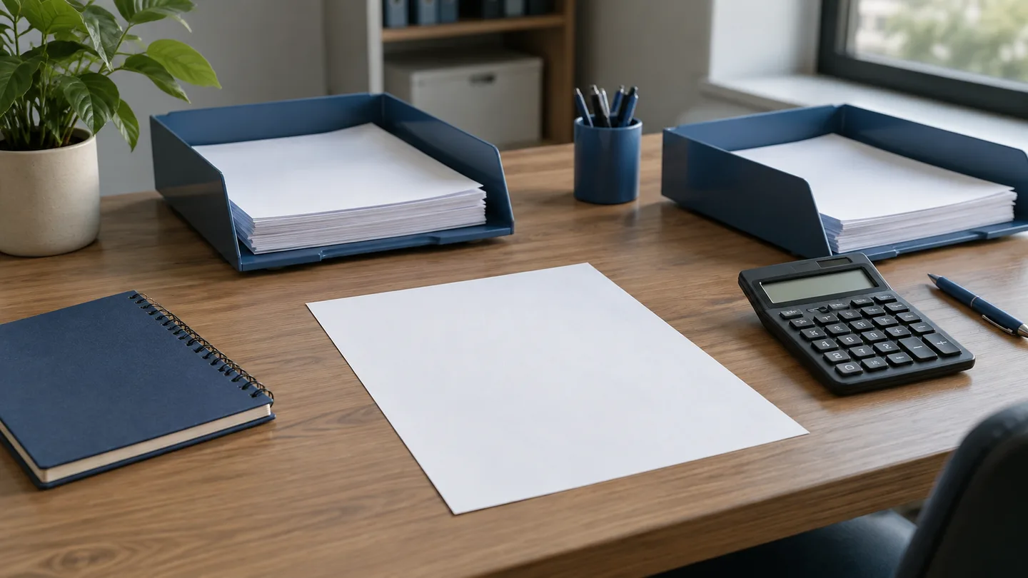 Mesa com duas bandejas azuis de documentos, folhas, caderno e calculadora sob luz natural.