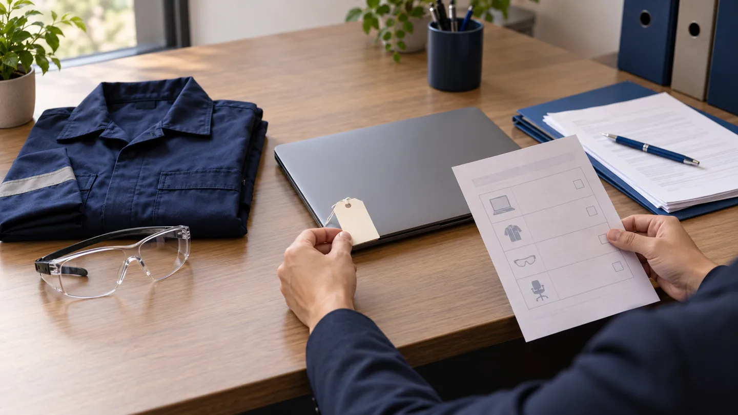 Uniforme azul, óculos de proteção e notebook ao lado de documentos, enquanto uma pessoa confere a etiqueta do equipamento.