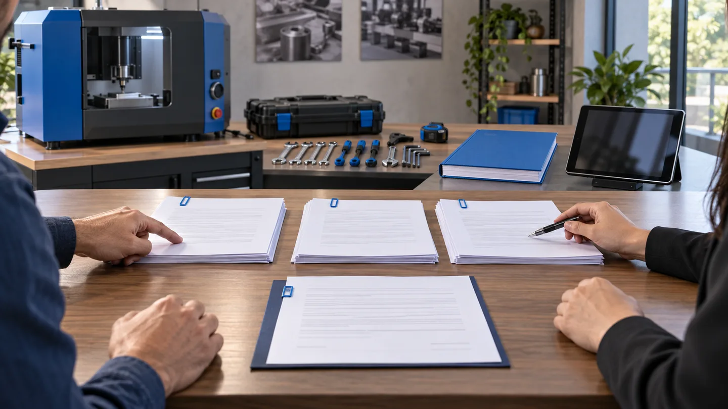 Cena ilustrativa de equipamento industrial compacto em bancada, com ferramentas de instalação, material de treinamento e três grupos de documentos em uma mesa.